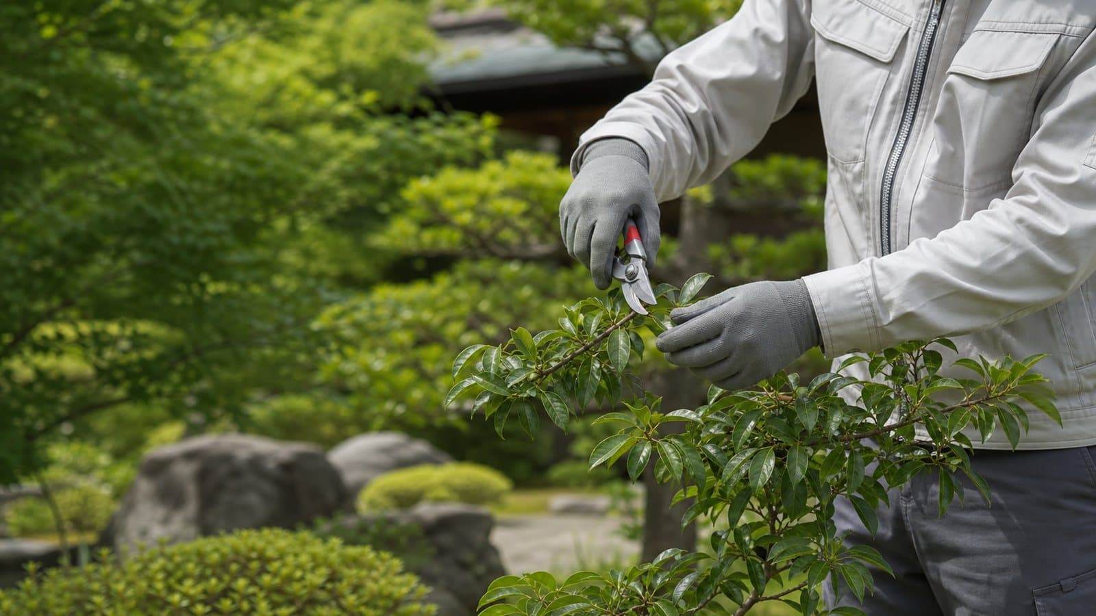 日本庭園の常緑樹を、手袋を着けた作業者が剪定ばさみで丁寧に剪定しているイメージ