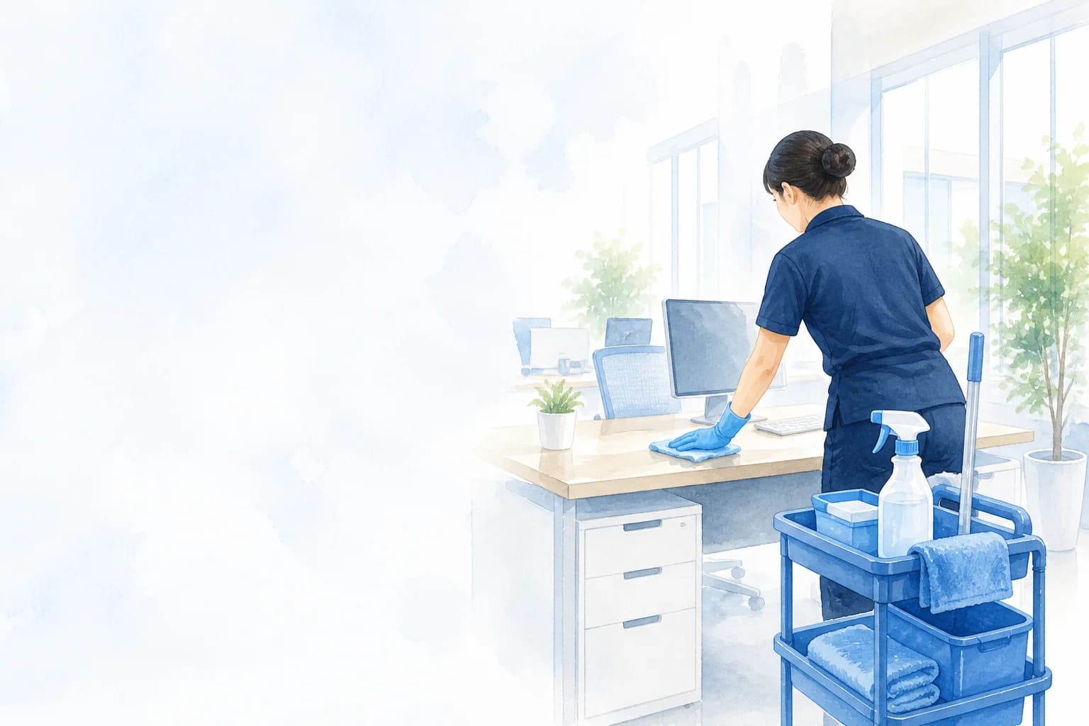 事務所の日常清掃を表した水彩イラスト