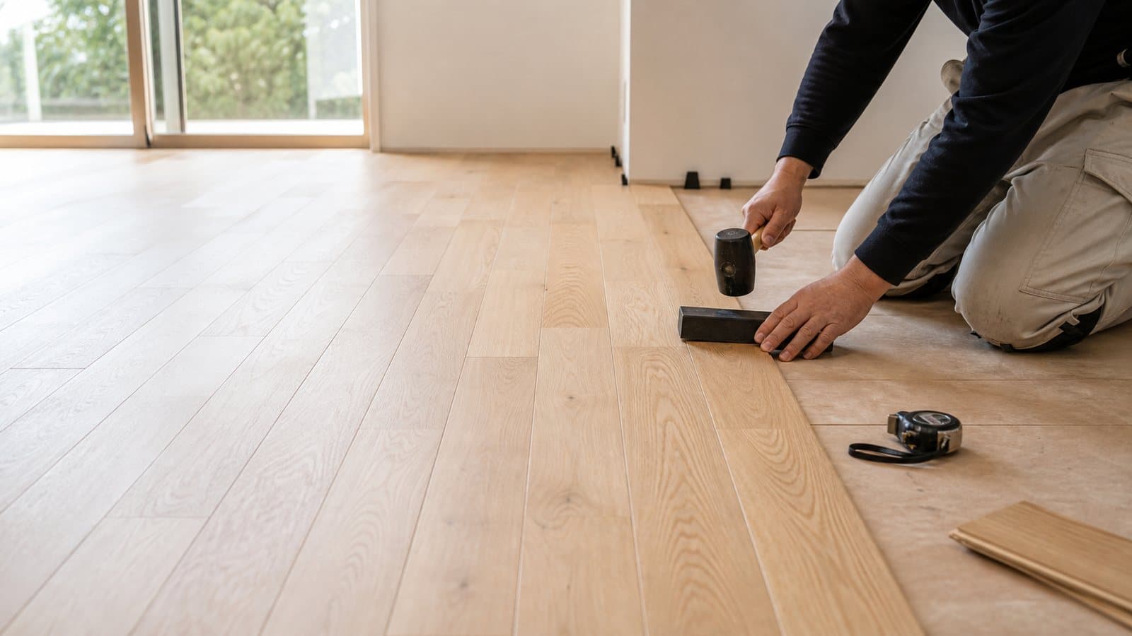 明るい室内で、職人が天然木調のフローリング材を一枚ずつ施工しているイメージ