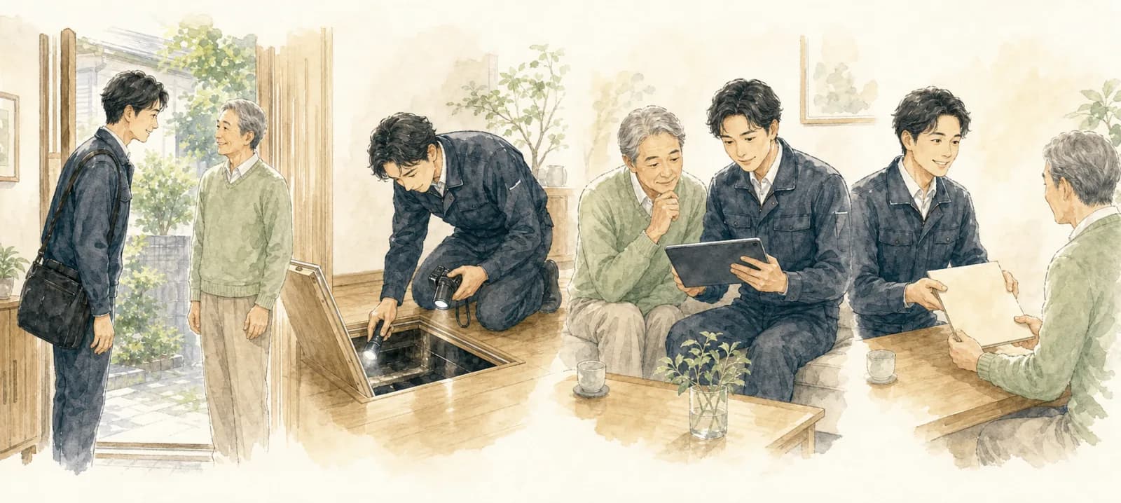 訪問のあいさつ、床下確認、写真説明、見積書のお渡しまでを描いた4コマ