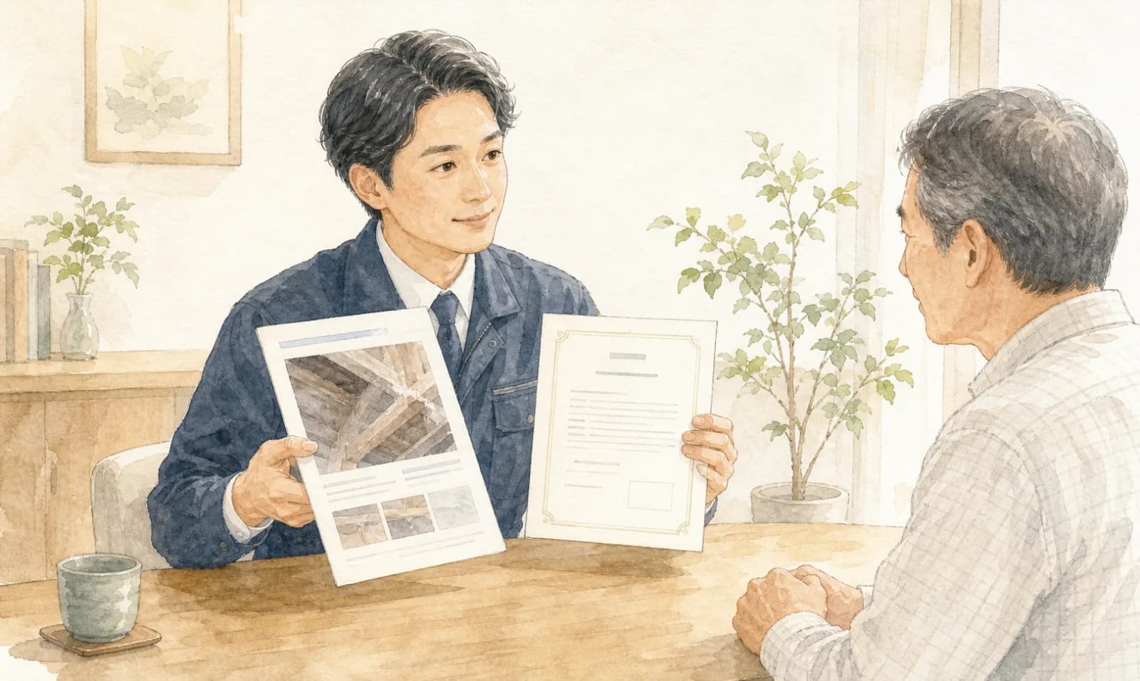 調査報告書と保証書をお客様へ手渡すやさしいイラスト