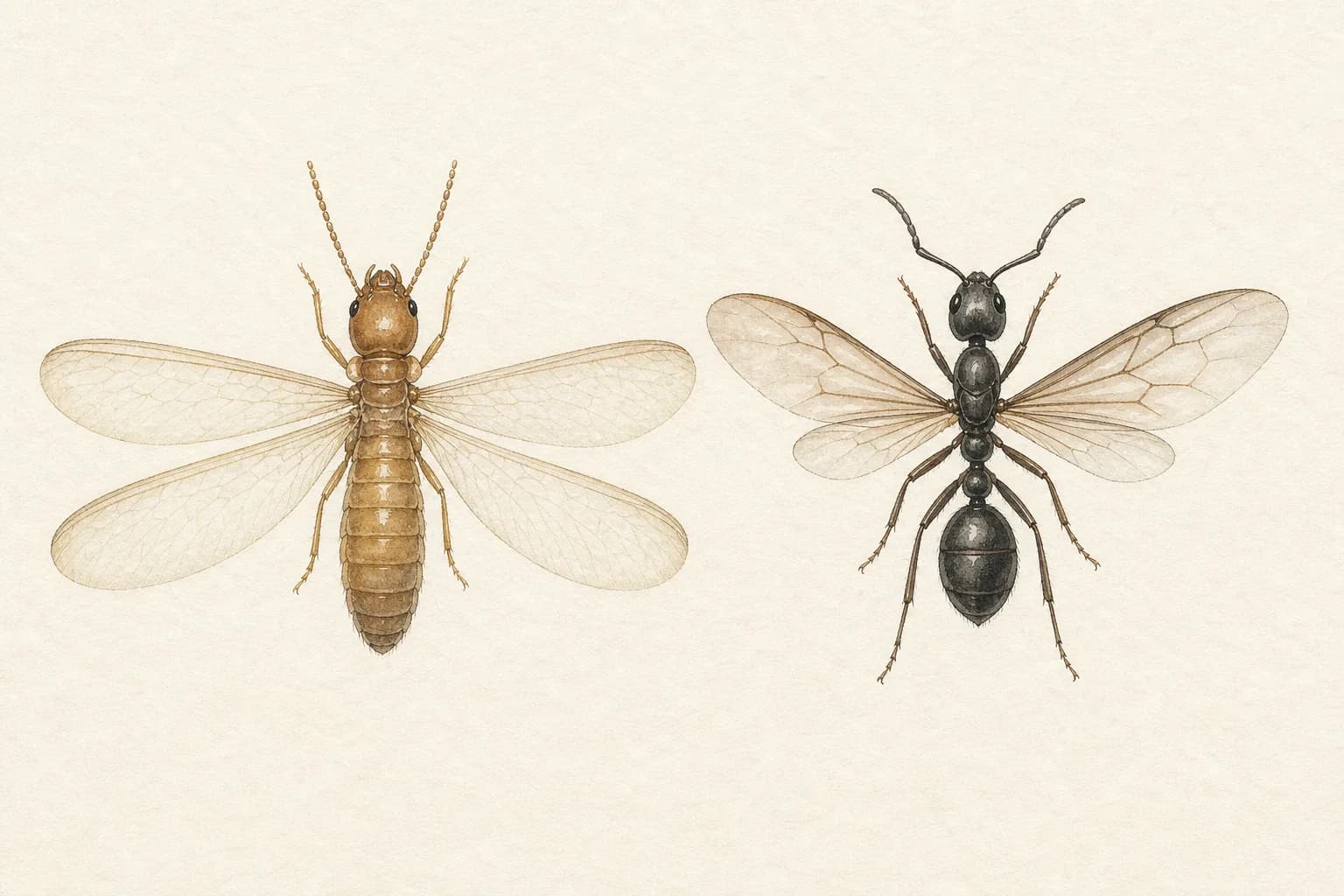 左にシロアリの羽アリ、右にクロアリの羽アリを並べた見分け方の図